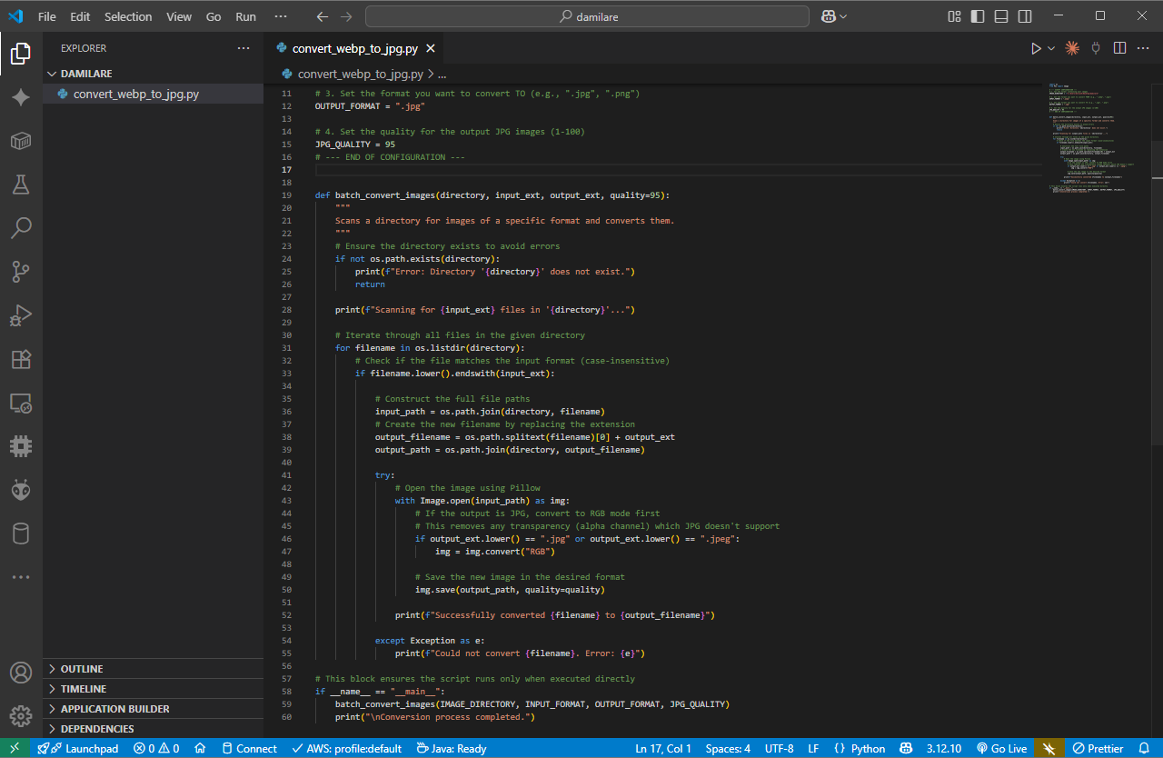 VS Code showing the convert_webp_to_jpg.py script with syntax highlighting and code structure